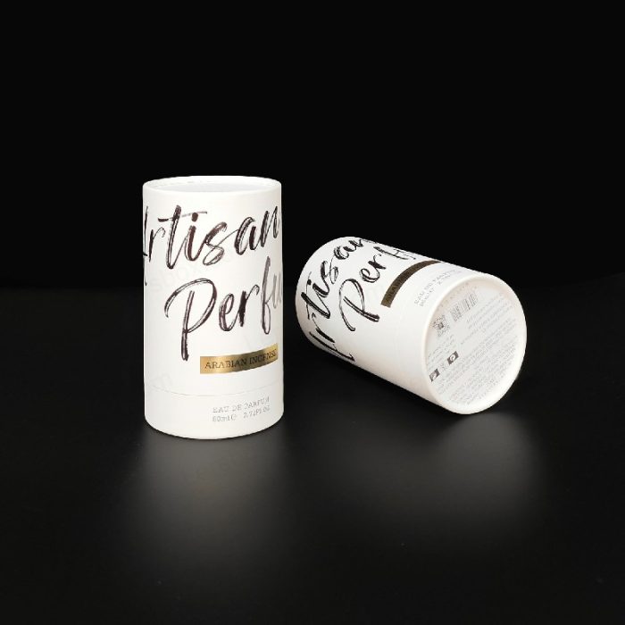 Paper Packaging Debossed White Kraft Paper Black Hot Stamping Cylinder Boxes for Perfume Cosmetic Gift luxury Certified Lersbox Factory Customizable