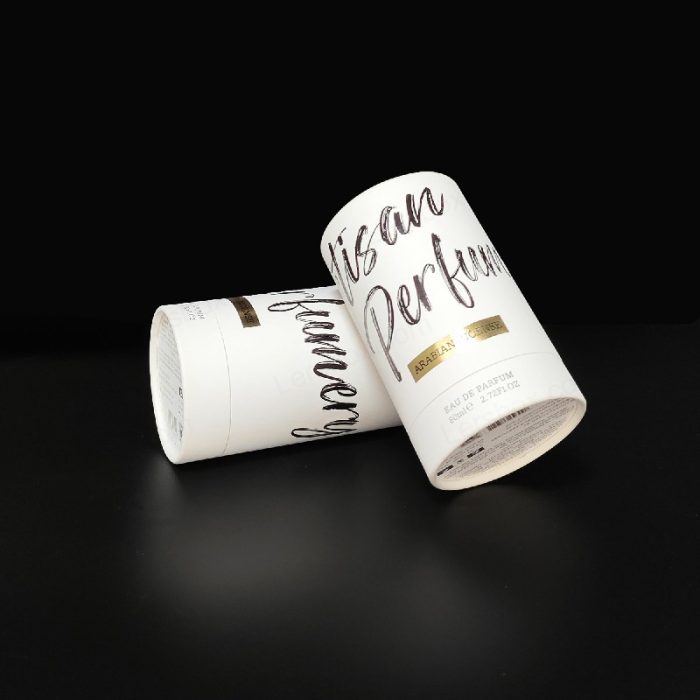 Paper Packaging Debossed White Kraft Paper Black Hot Stamping Cylinder Boxes for Perfume Cosmetic Gift luxury Certified Lersbox Factory Customizable