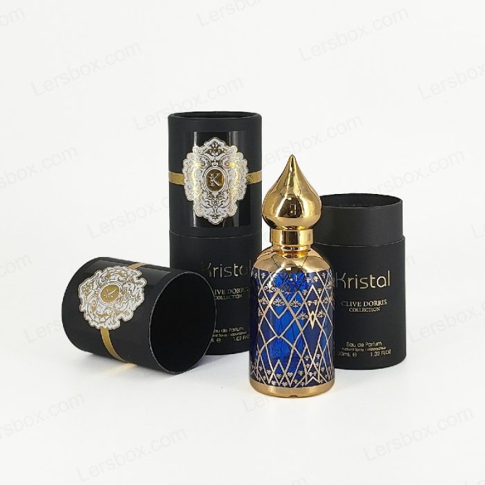 Cylinder box Chinese manufacturer Perfume Paper packaging Gold Hot stamping Glossy Varnishing Sticker